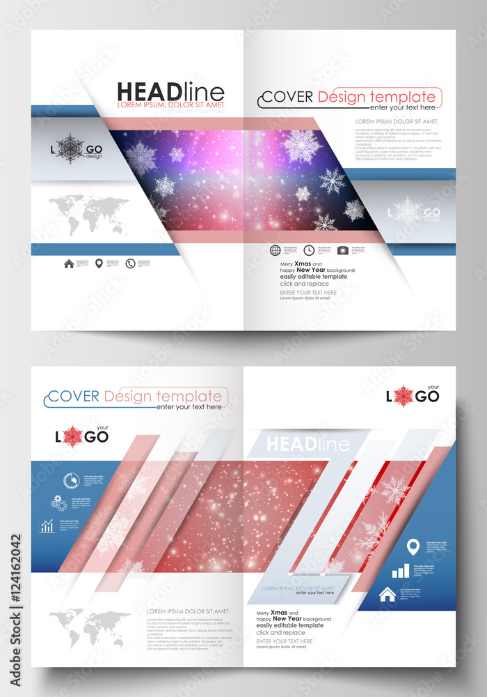 Business templates for brochure, magazine, flyer, booklet. Cover design template, easy editable blank, abstract flat layout in A4 size. Christmas decoration, vector background with shiny snowflakes.