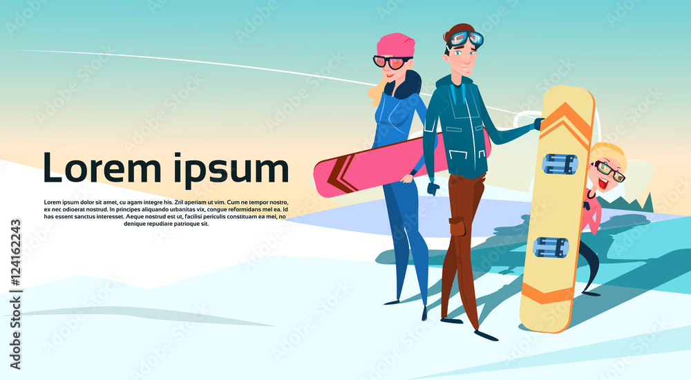 People Group With Snowboard Winter Activity Sport Vacation Snow Mountain Slope Flat Vector Illustration
