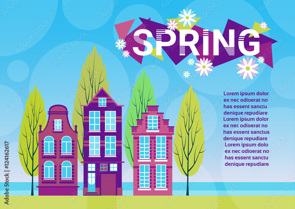 Village Spring Landscape Houses Green Grass Blue Sky Banner With Copy Space Flat Vector Illustration