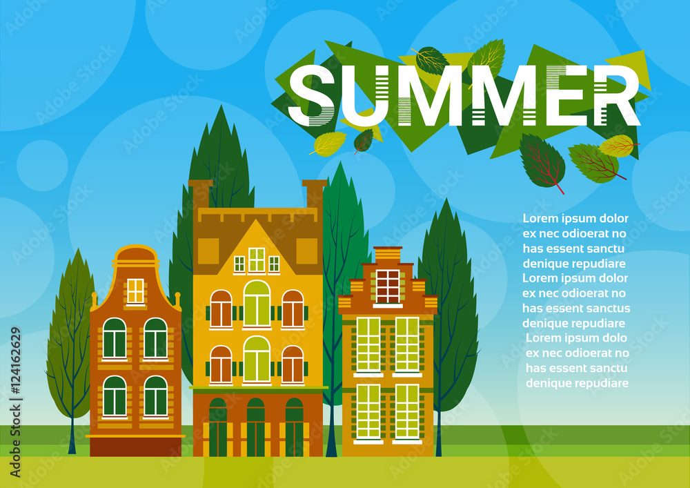 Village Summer Landscape Houses Green Grass Blue Sky Banner With Copy Space Flat Vector Illustration