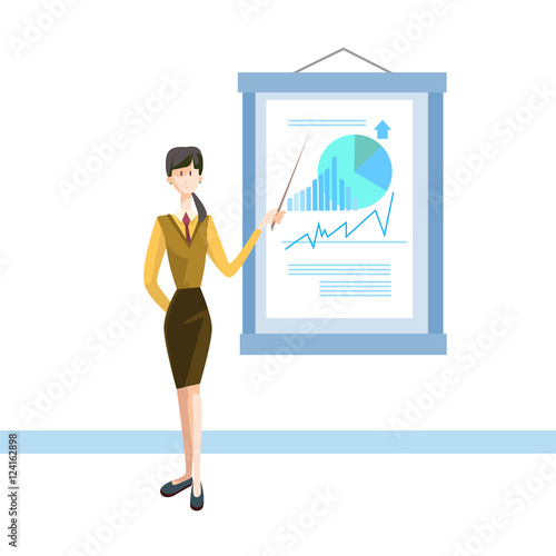 Business Woman With Flip Chart Seminar Training Conference Brainstorming Presentation Financial Graph Flat Vector Illustration © mast3r