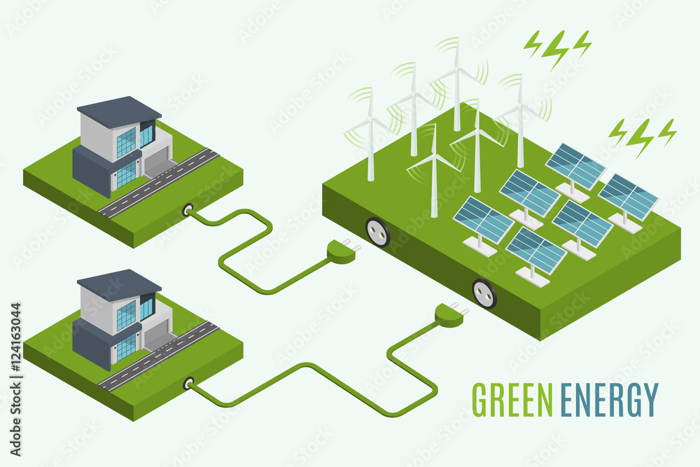 Houses with alternative Eco Green Energy, flat 3d web isometric infographic concept. Wind Turbines and Solar Panels set. Vector illustration