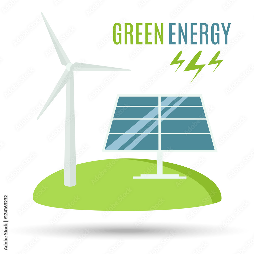 Wind Turbine and Blue Solar Panel. Modern Alternative Eco Green Energy. Vector illustration.