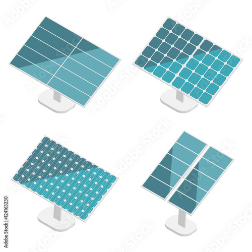 Blue Solar Panels set. Flat isometric. Modern Alternative Eco Green Energy. Vector illustration.