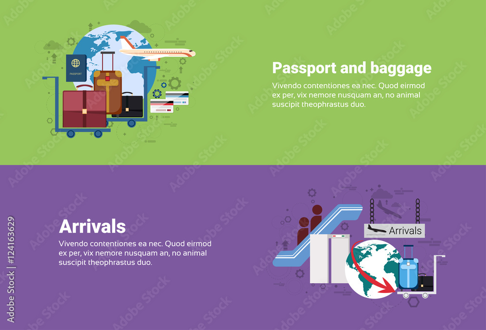 Fototapeta premium Arrivals Passport Luggage Airplane Departure Transportation Air Tourism Web Banner Flat Vector Illustration