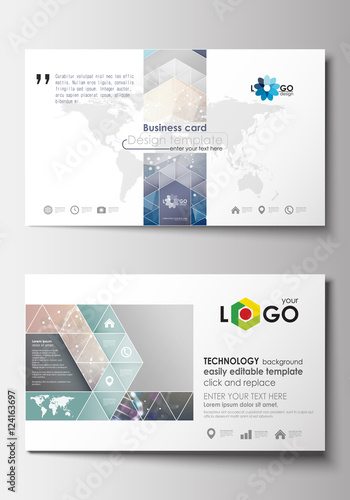 Business card templates. Cover design template, easy editable blank, abstract flat layout. DNA molecule structure on blue background. Scientific research, medical technology.