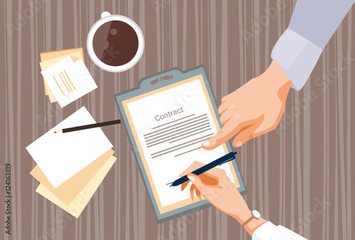 Contract Sign Up Paper Document Business People Agreement Pen Signature Office Desk Flat Vector Illustration