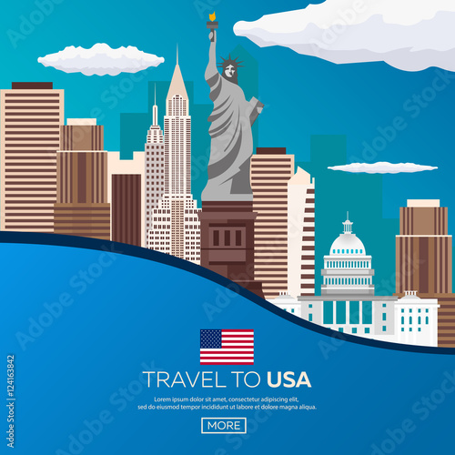 Travel to USA, New York Poster skyline. Statue of Liberty. Vector illustration.