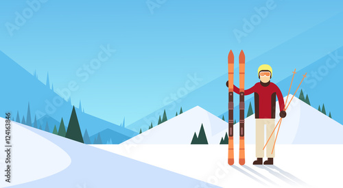 Man Ski Winter Sport Snow Mountain Background Flat Vector Illustration