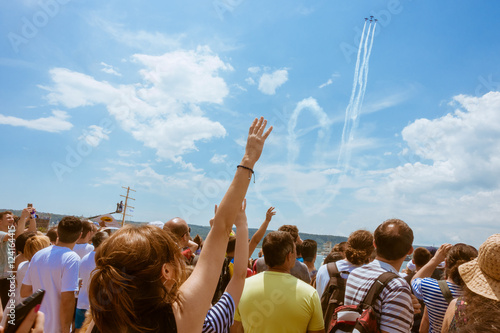 Red Bull Flugtag 2016 competition in Varna. Spectators greet pilots of air show. photo