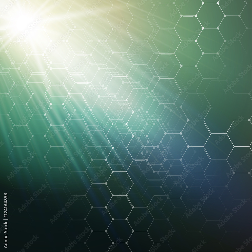 Fototapeta premium Chemistry 3D pattern, hexagonal molecule structure on green, scientific medical research. Medicine, science and technology concept. Motion design. Geometric abstract background.