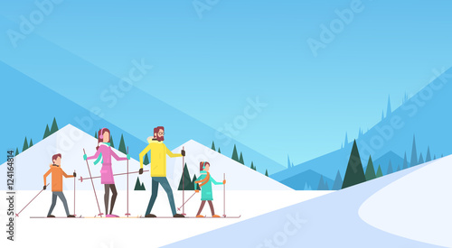 Big Family Skiing Winter Holiday Vacation Snow Sport Mountain Background Flat Vector Illustration
