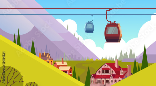 Cable Car Transportation Rope Way Over Mountain Hill Village Background Flat Vector Illustration