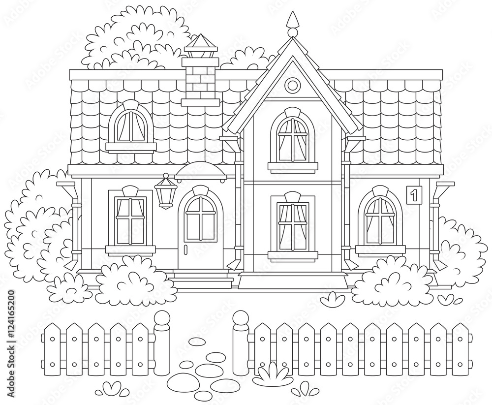 house and a courtyard with a fence, trees and bushes