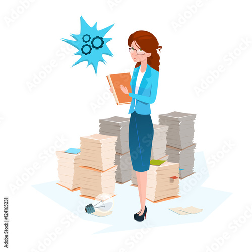 Business Woman Stacked Paper Document Paperwork Flat Vector Illustration