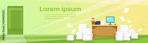 Modern Office Interior Workplace Empty Chair Desk Stacked Paper Document Lot Paperwork Flat Vector Illustration