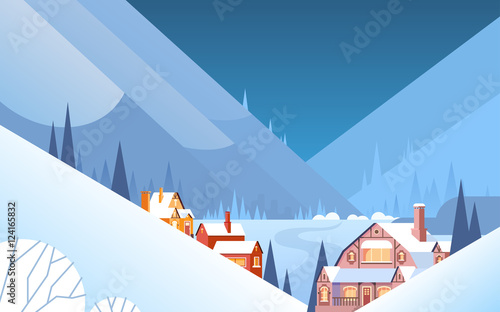 Winter Mountain Village Landscape Background, Night Snow Trees Forest Flat Vector Illustration