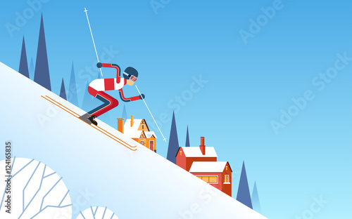 Man Skiing Downhill Winter Sport Snow Mountain Background Flat Vector Illustration