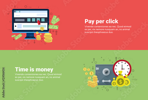 Time Is Money, Pay Per Clock Online Payment Web Banner Flat Vector Illustration