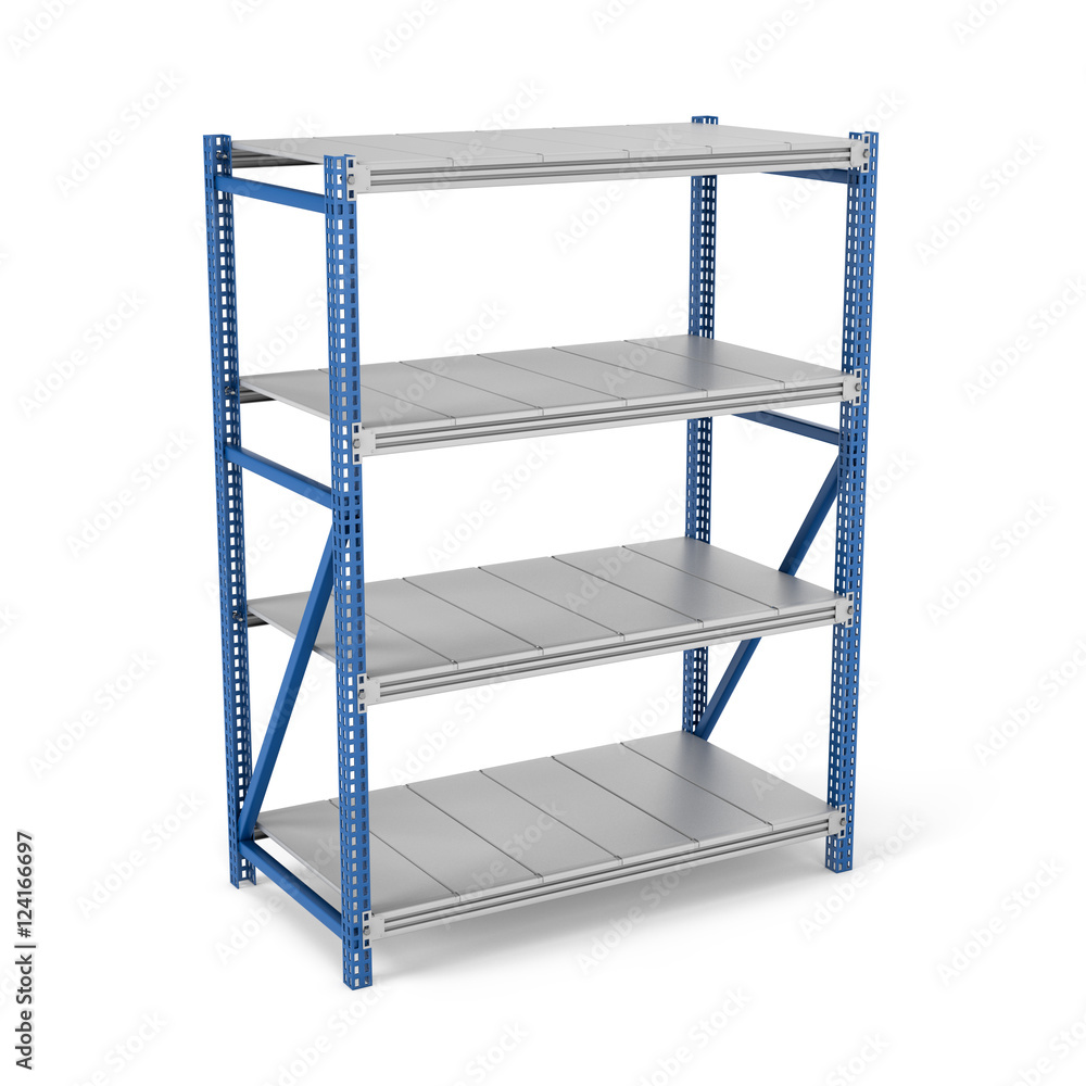 Rendering of metal rack with four shelves, isolated on a white ...