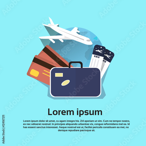 Vacation HolidayTrip Banner Air Plane Ticket Baggage Flight World Map Flat Vector Illustration photo