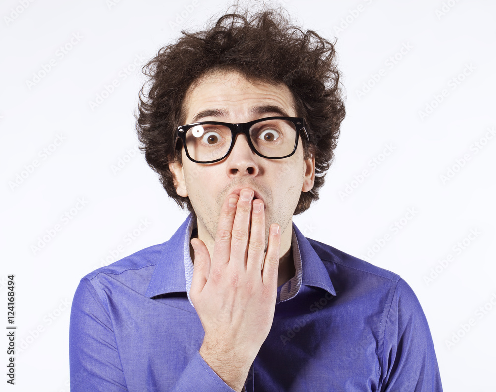 Surprised hipster portrait with afro and glasses Surprised hipster portrait with afro and glasses