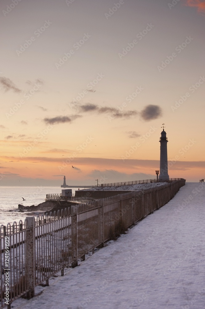 Sunderland, Tyne And Wear, England; A Lighthouse Along The Coast In Winter Sunderland, Tyne And Wear, England; A Lighthouse Along The Coast In Winter