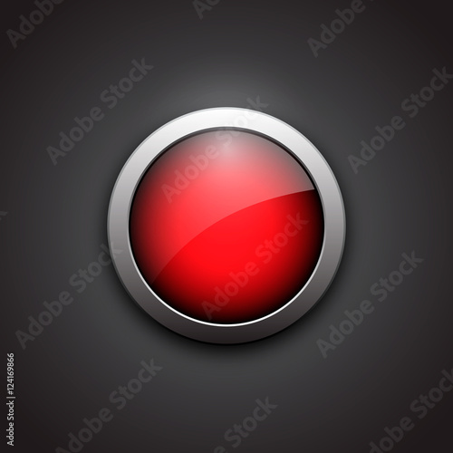 Red shiny button with metallic elements. Button with shadow, bla