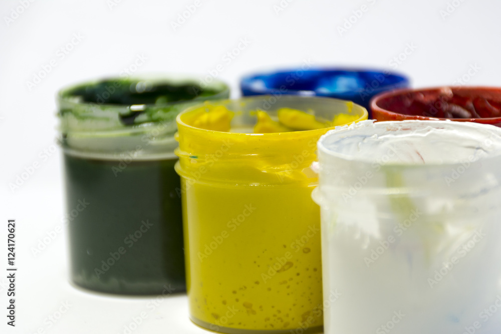 red, yellow, blue, green, white gouache in open jars, painting, red, yellow, blue, green, white gouache in open jars, painting,