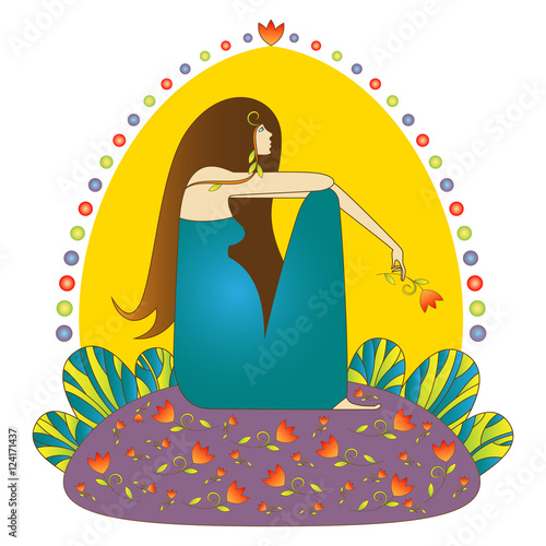 illustration of a pregnant woman holding a tulip in her hand, vector