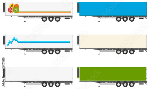 Set of isolated refrigerators semi-trailers with a logo and a picture of a white background. Vector illustration