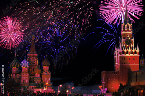 Photography Fireworks explode over Red Square in Moscow, Russia