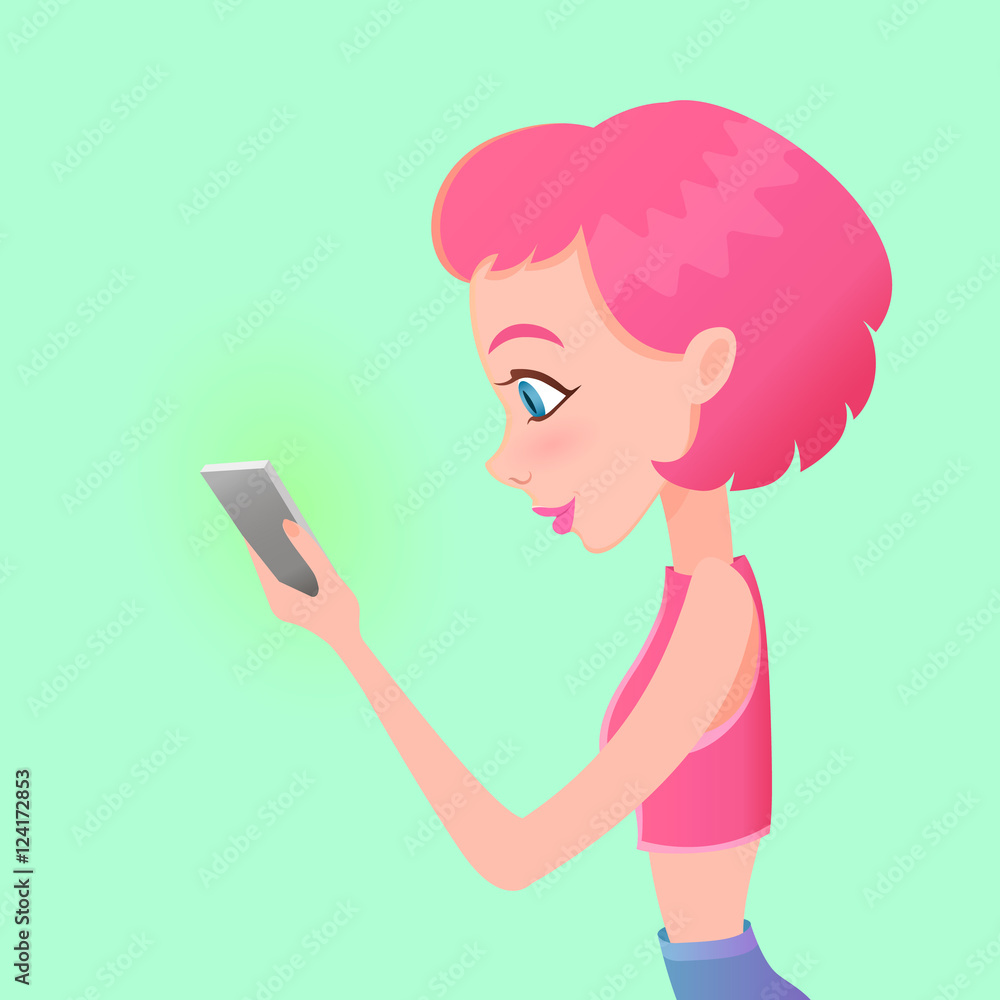Young hipster girl holding smartphone in her hand. Vector illustration. Design template. Young hipster girl holding smartphone in her hand. Vector illustration. Design template.