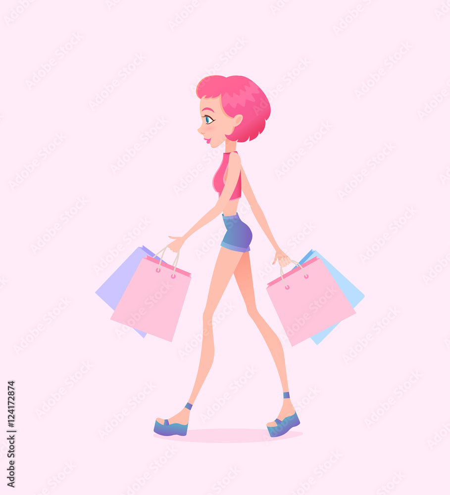 Young hipster girl going down the street with shopping bags. Vector illustration. Design template.