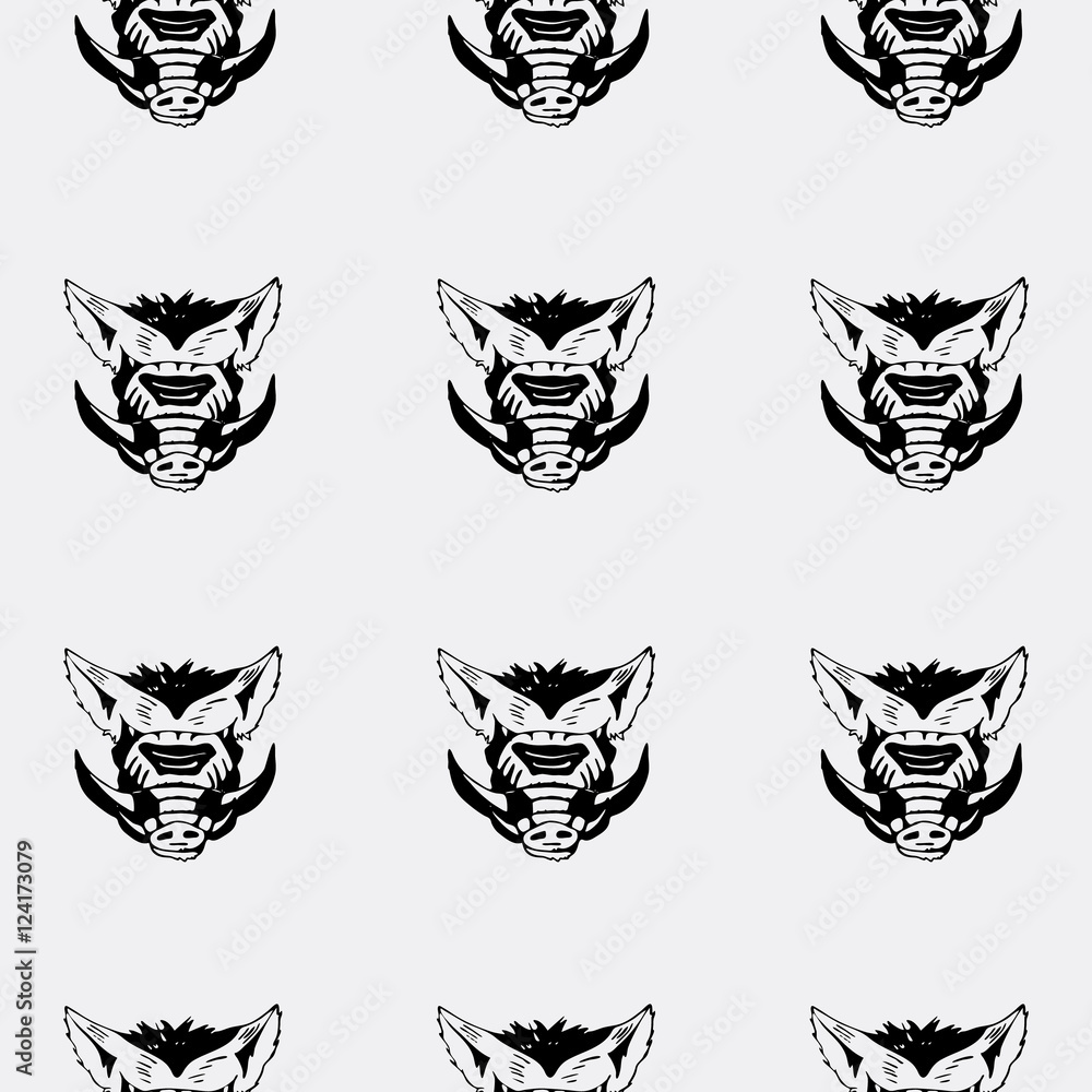 Obraz premium Pattern, stencil boar head.Unique technique Vintage hand drawn style