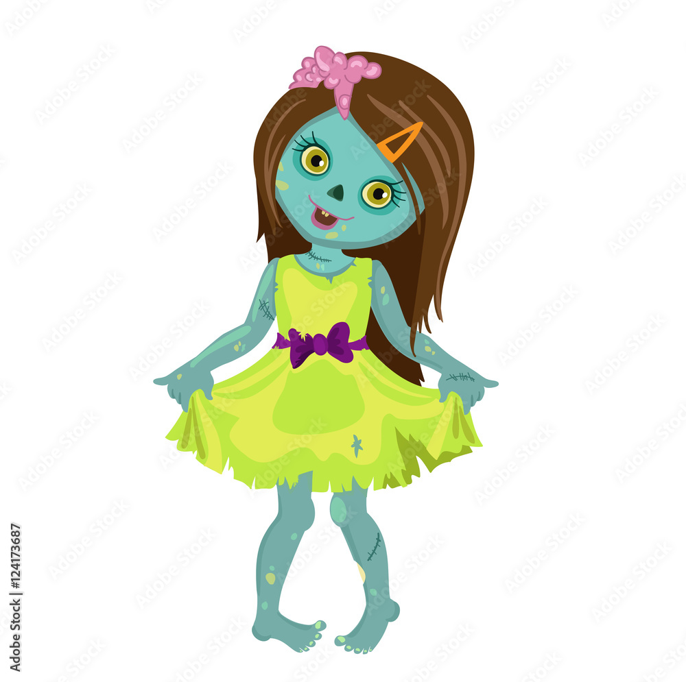Zombie girl in a beautiful dress. Cartoon Vector illustration in a single  layer without gradients. Stock Vector | Adobe Stock