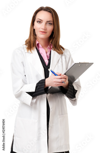 Woman doctor scientist with clipboard isolated on white background
