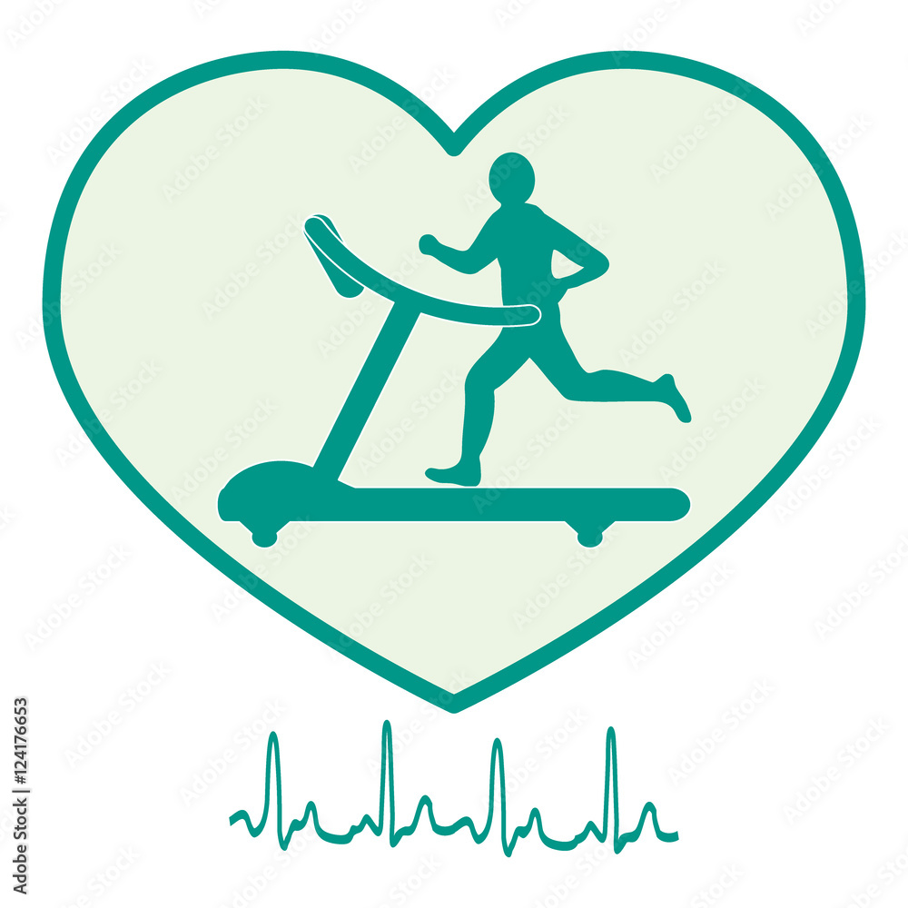 Stylized icon of the man jogging on a treadmill within the heart Stylized icon of the man jogging on a treadmill within the heart