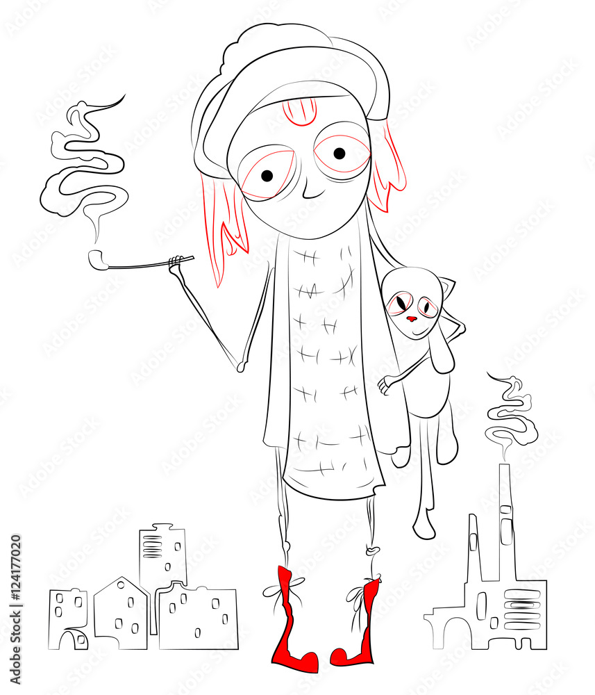 illustration of a Rastafarian girl smoking a pipe and holding a toy cat, vector. illustration of a Rastafarian girl smoking a pipe and holding a toy cat, vector.