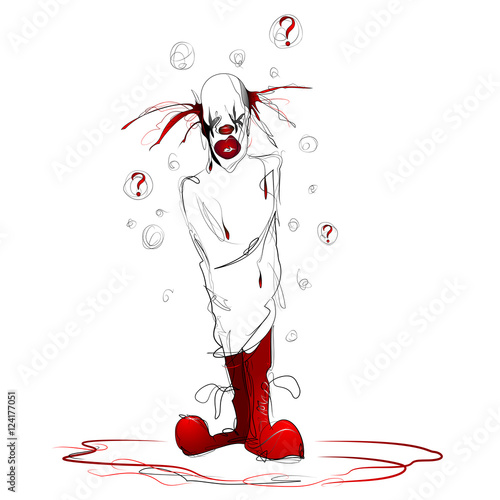 illustration of an aggressive clown in straitjacket standing in a pool of blood, vector