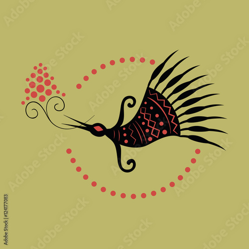 illustration of bird holding twigs with rowanberry in their beak, vector.