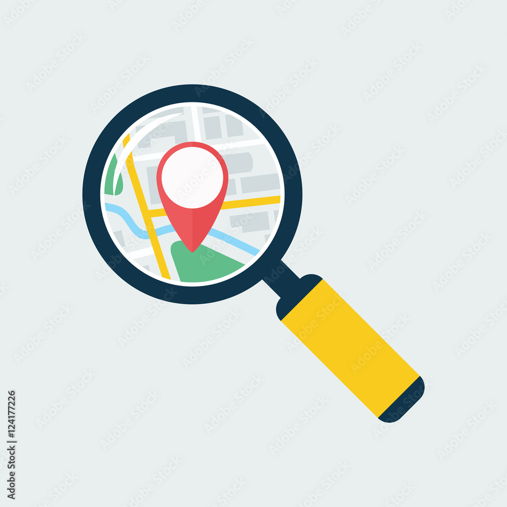 Map inside magnifier flat icon. Magnifying glass with handle zooming