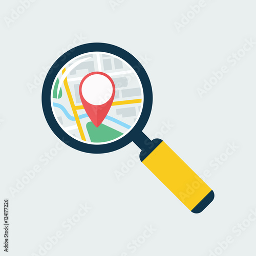 Map inside magnifier flat icon. Magnifying glass with handle zooming fragment of a navigational map focused on gps symbol. Colored vector eps8 illustration.