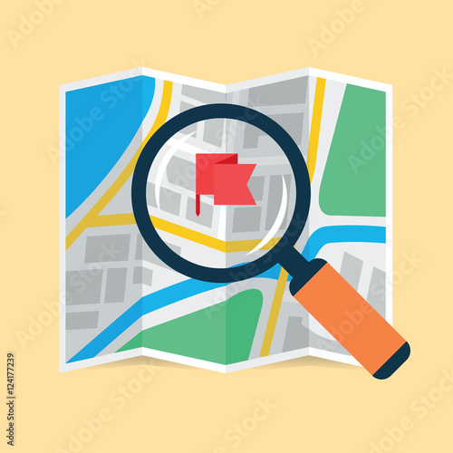 Magnifier over navigational map flat icon. Magnifying glass with handle zooming fragment of a folding paper map focused on flag symbol. Colored vector eps8 illustration.