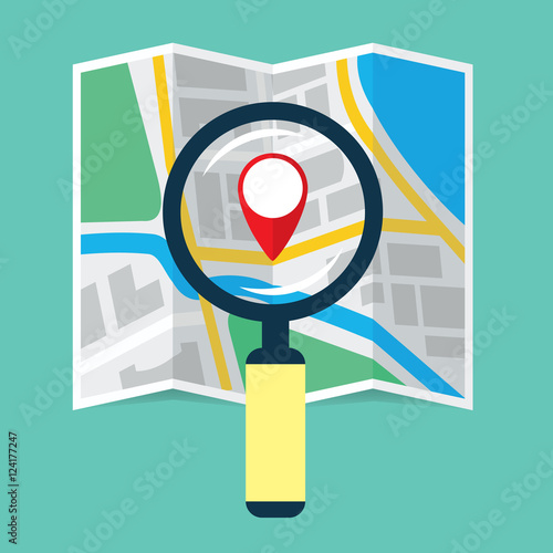 Magnifier over navigational map flat icon. Magnifying glass with handle zooming fragment of a folding paper map focused on gps symbol. Colored vector eps8 illustration.