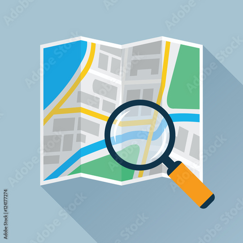 Magnifying glass over navigational map flat icon. Magnifier with handle zooming fragment of a folding paper map. Colored vector eps10 illustration.