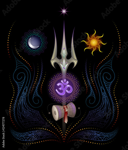 sacred symbols of yoga and lord shiva, trishul, sound om and drum damaru, sun, moon, star, geometric and floral pattern, sparks of fire, black background, vector