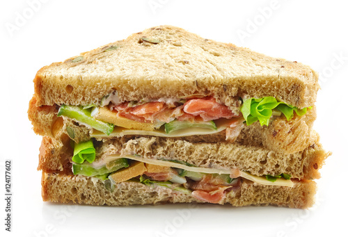 Sandwich with salmon on white background