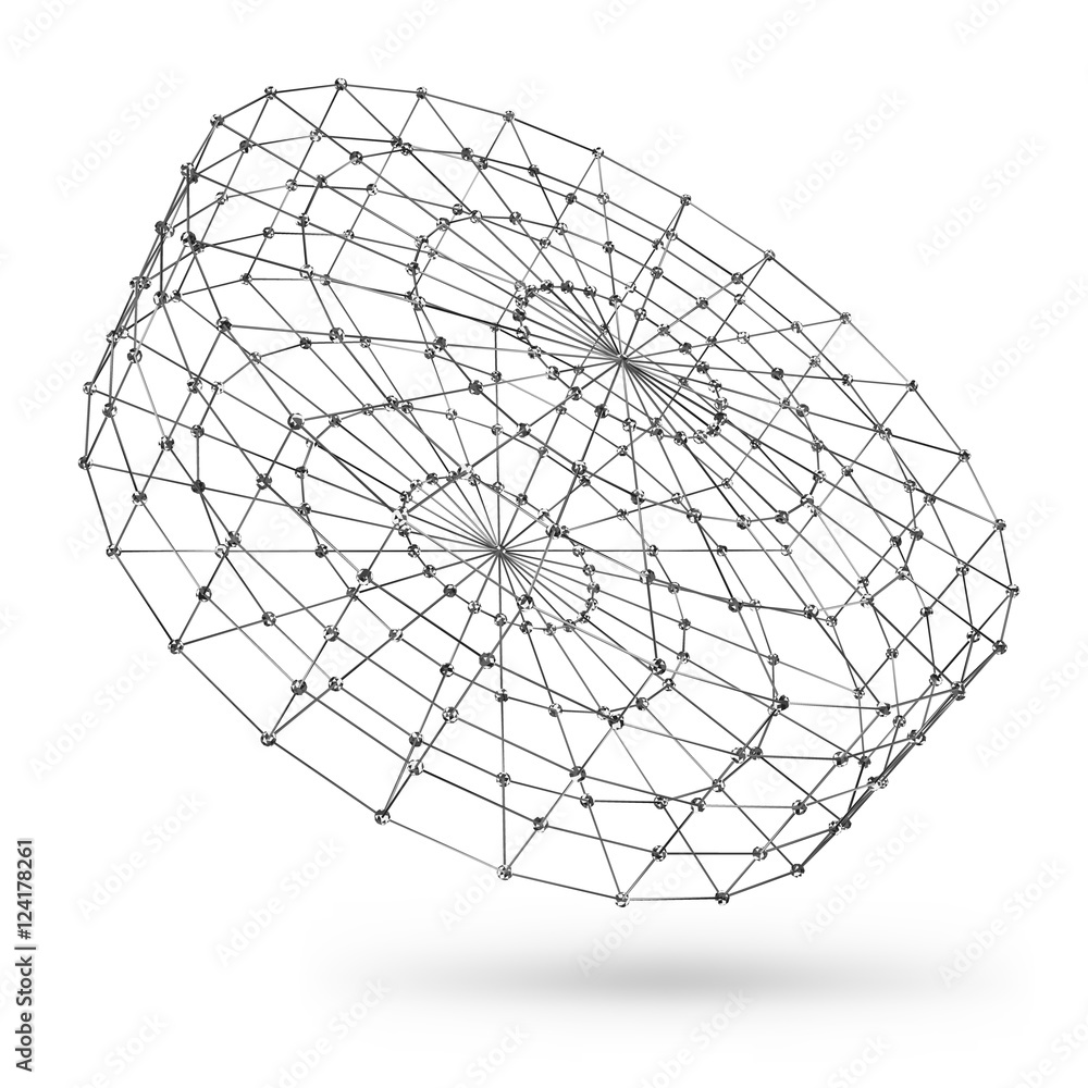 Obraz premium Szkielet wielokątny element geometryczny. Cylinder z połączonymi liniami i kropkami. Ilustracja wektorowa na białym tle z cieniem