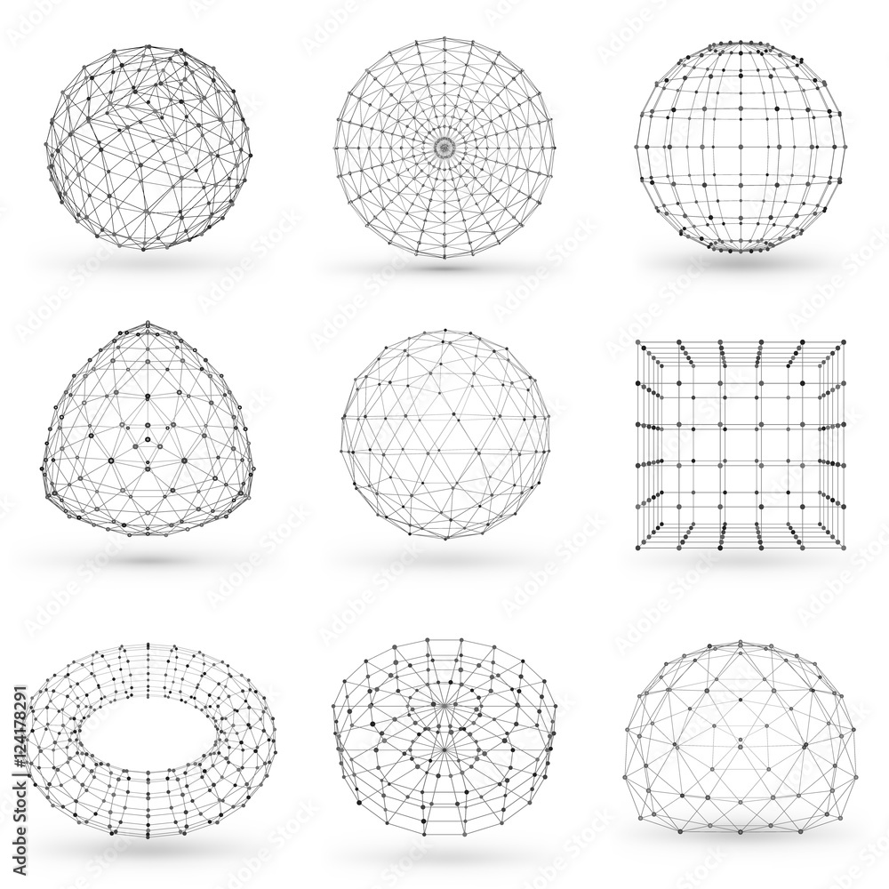 Set of wireframe polygonal elements. Abstract geometric 3D objects with connected lines and dots. Set of vector illustrations on white background with shades Set of wireframe polygonal elements. Abstract geometric 3D objects with connected lines and dots. Set of vector illustrations on white background with shades